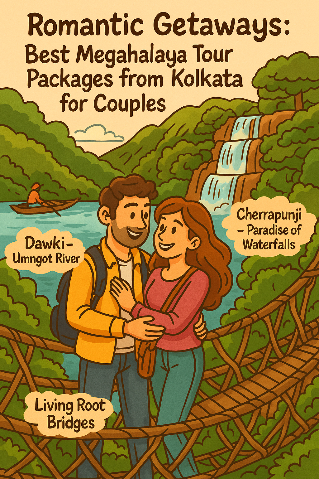 Cartoon-style illustration of a couple on a living root bridge in Meghalaya, with scenic elements like the Umngot River, waterfalls of Cherrapunji, and lush green hills in the background.