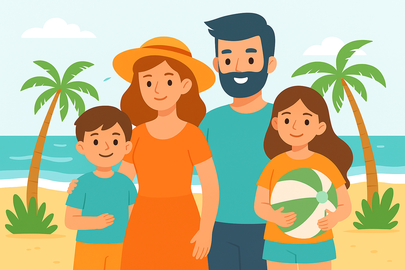 Happy family of four smiling on a tropical beach with palm trees and ocean in the background, symbolizing a vacation getaway